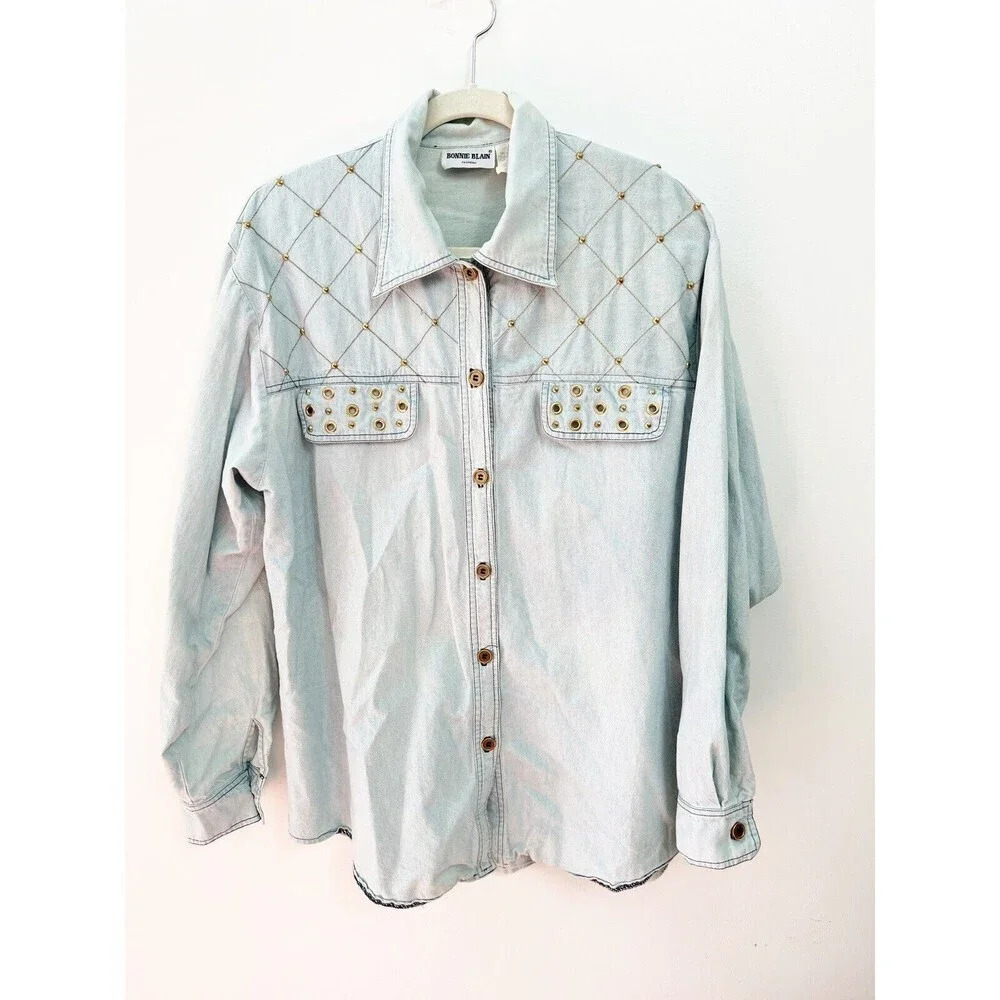 Vintage 90s Bonnie Blaine L  Acid Wash Denim Bedazzled Top Long Sleeve Blue Stud